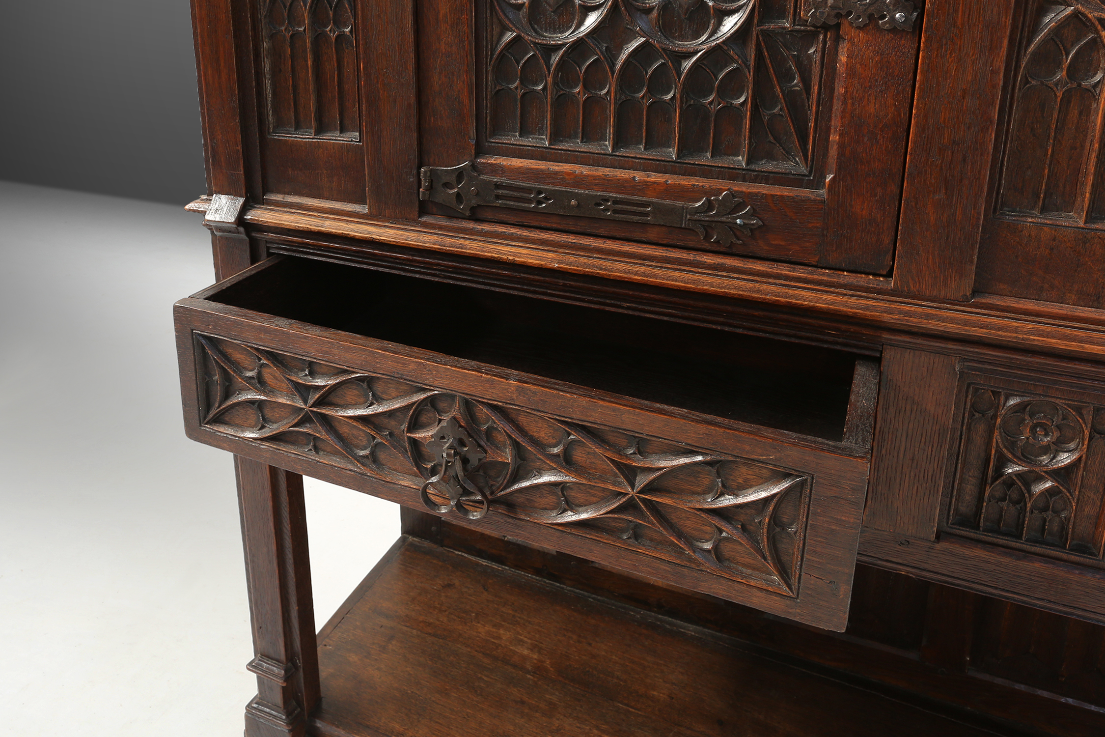 Neo-gothic cabinet in oak with concealed storage and rich decorations, France, 1850sthumbnail